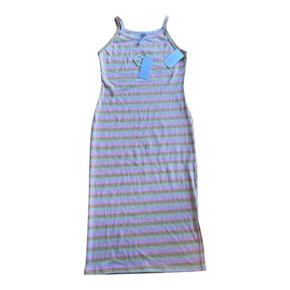 Good Luck Girl Pink Striped Knit Midi Bodycon Tank Dress L - Picture 1 of 4